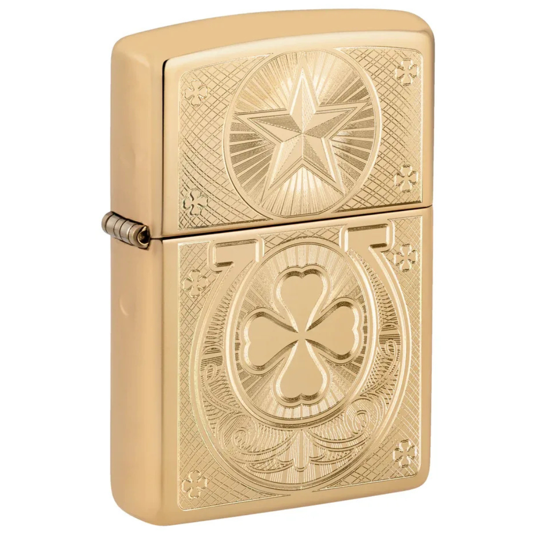 Bật Lửa Zippo Lucky Horseshoe 46854 - Thiết Kế Móng Ngựa &amp; Cỏ 4 Lá May Mắn - Đồng Thau Bóng Chính Hãng
