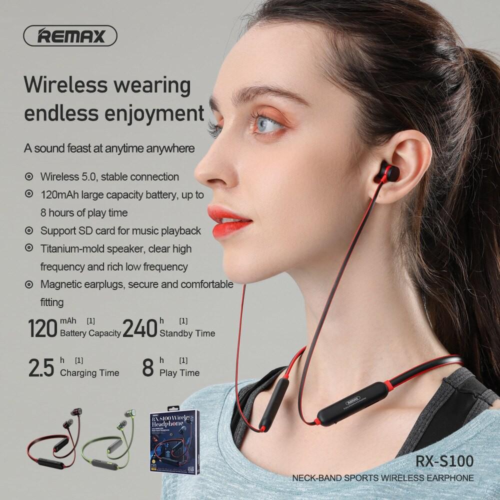 Tai nghe bluetooth Remax RX-S100 Neck-band Sports V5.0, pin dùng 10H, có khe gắn thẻ nhớ - Hàng chính hãng