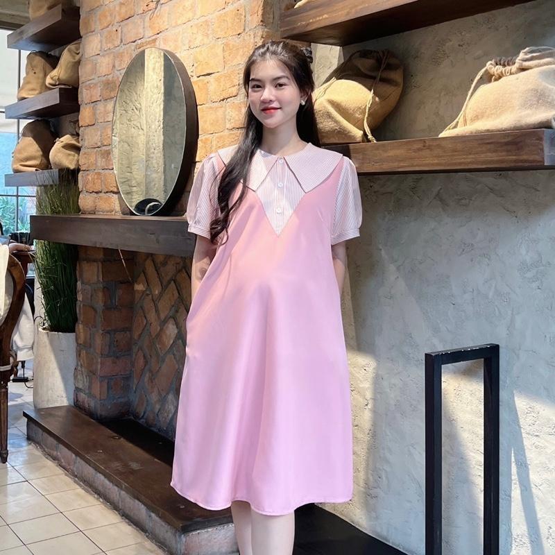 Đầm Yếm Bầu Công Sở Xinh Thiết Kế Dáng Suông Cổ Sen Phối Nút Chất Cotton Lạnh Mát Mẻ, Trẻ Trung - Xanh đen