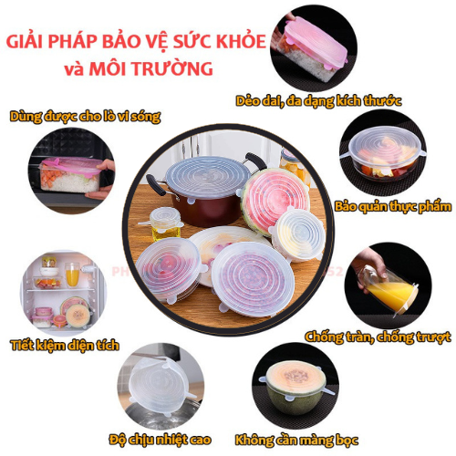 BỘ 6 NẮP ĐẬY THỰC PHẨM SILICONE - Màng Bọc Thực Phẩm Silicon Che Đậy Thức Ăn, Hoa Quả- HENRYSA