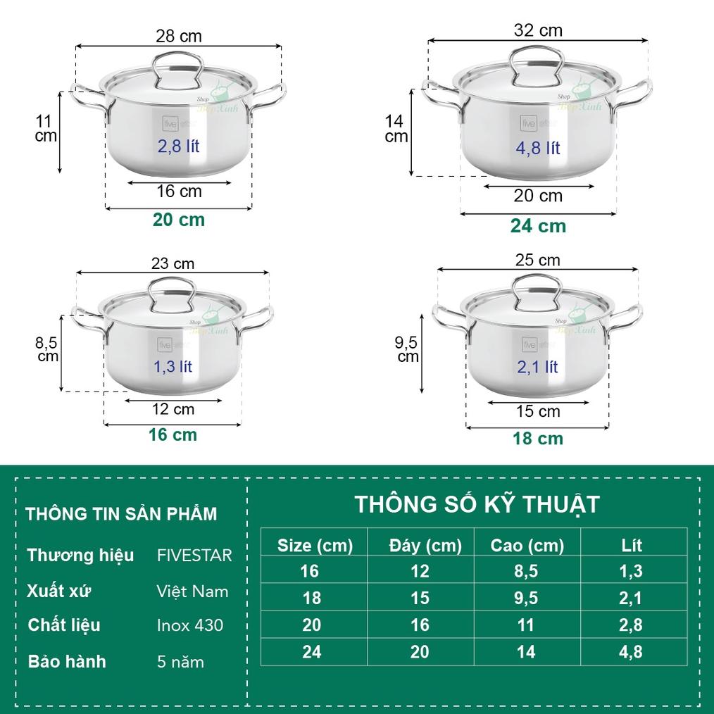 Nồi inox 3 đáy sandwich inox 430 cao cấp Standard bếp từ nắp kính (16cm /18cm / 20cm / 24cm)