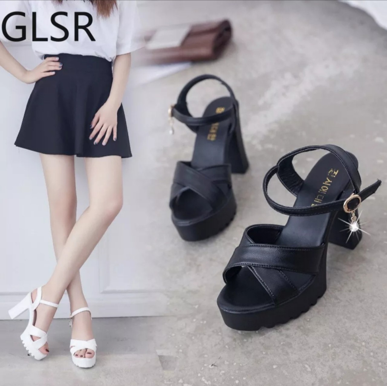 Giày sandan cao gót đế thô quai chéo cá tính 9f