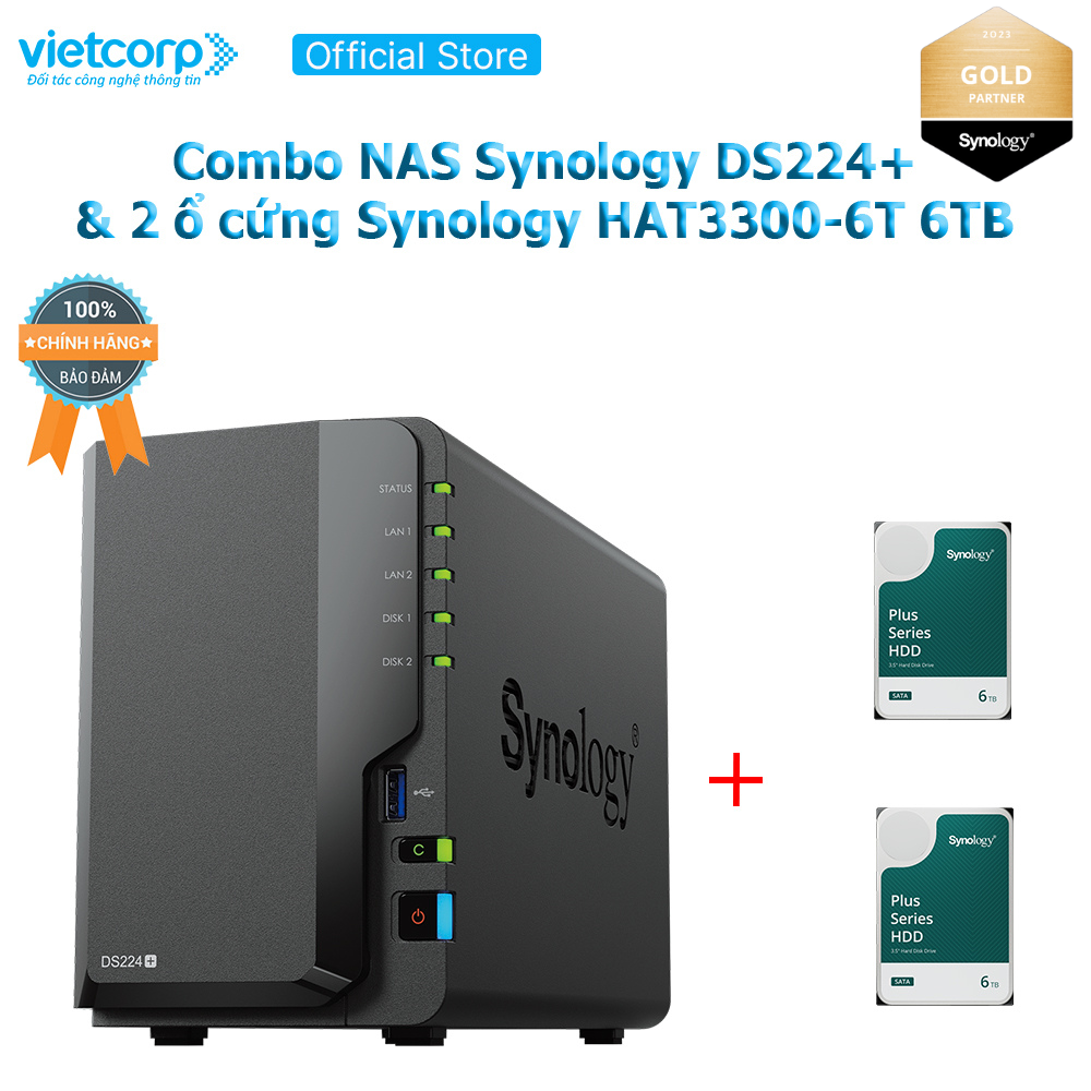 Combo Thiết bị lưu trữ NAS Synology DS224+ và 2 Ổ cứng Synology HAT3300-6T Hàng Chính Hãng