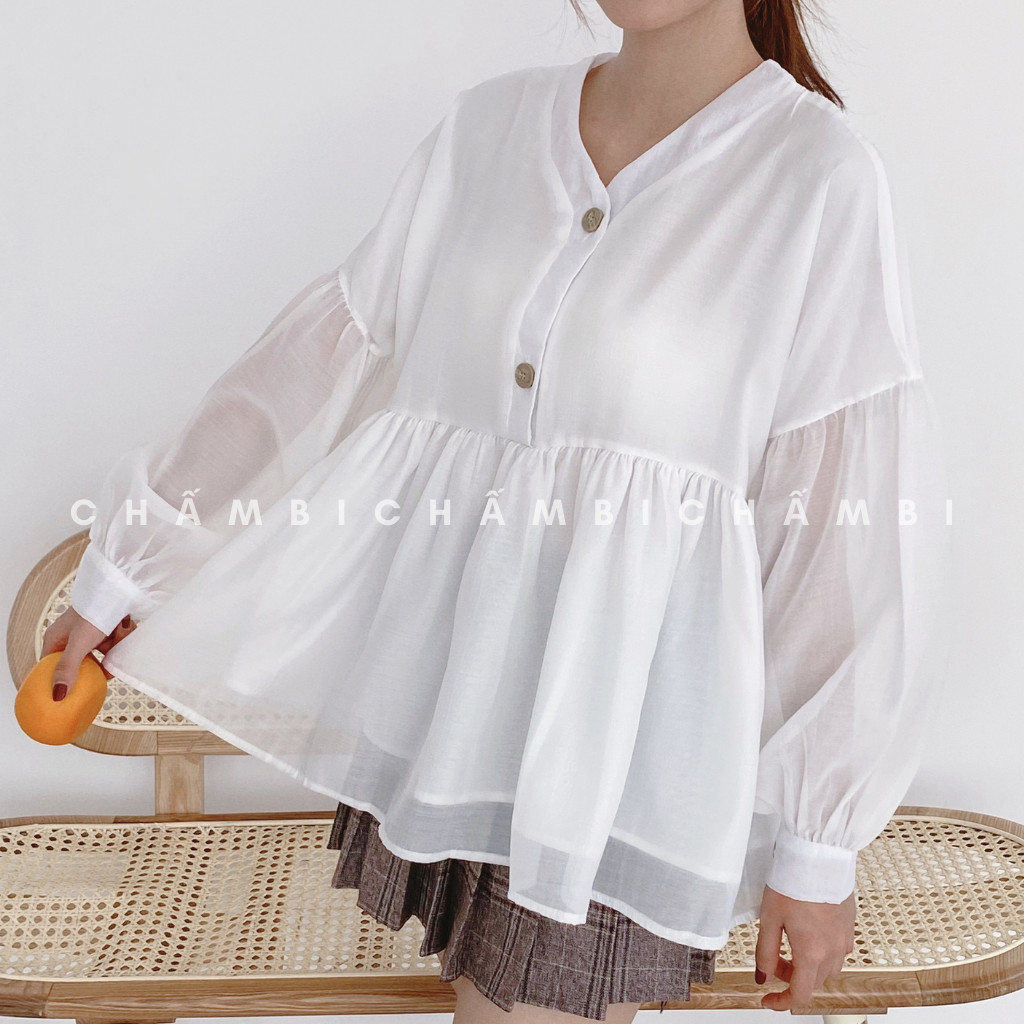 Áo Babydoll Voan Tơ 2 Lớp Tay Bồng Cúc Ngực - A.060