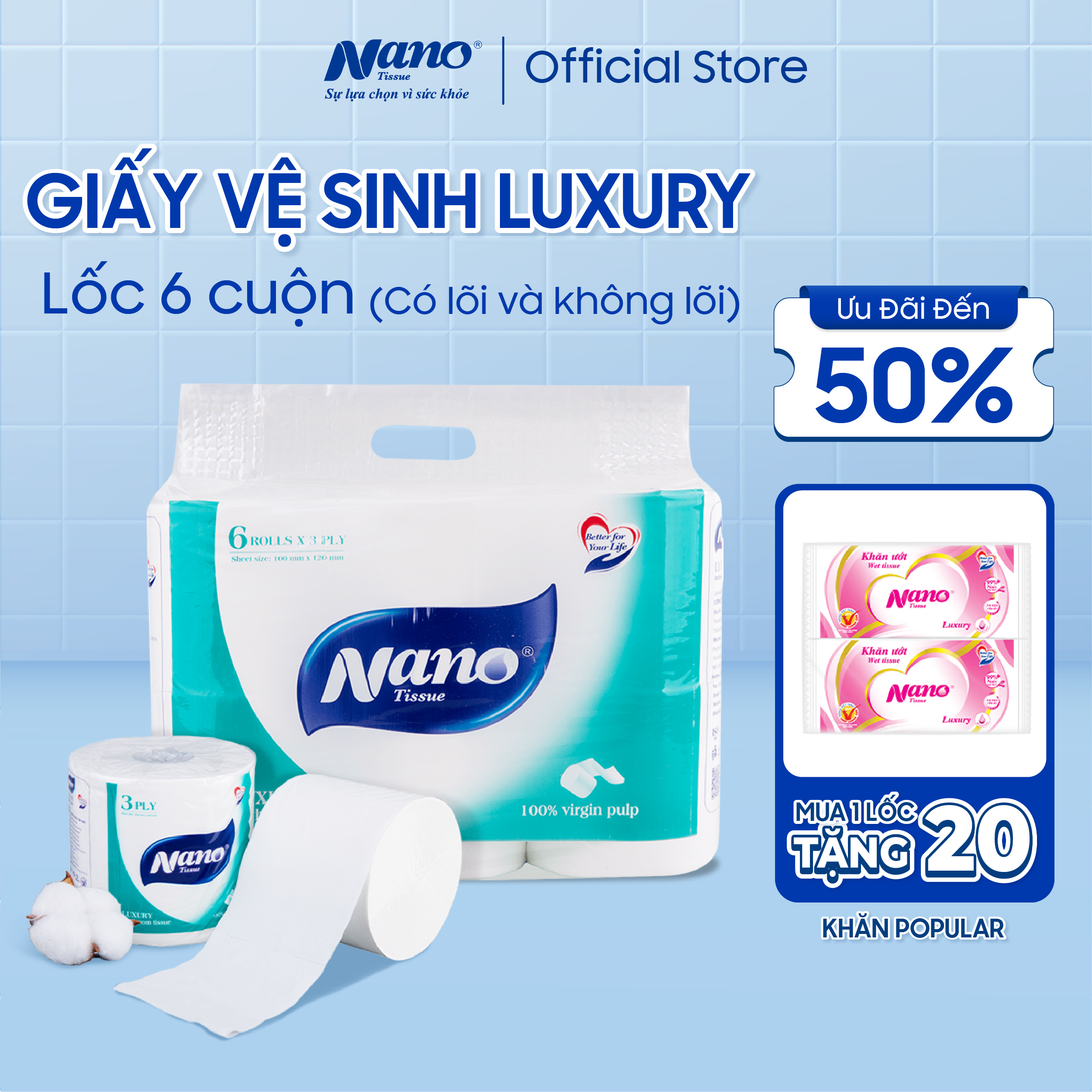 Giấy vệ sinh Luxury Nano 6 cuộn không lõi, thương hiệu Nano giấy dày 3 lớp, an toàn tiết kiệm- Nano Tissue