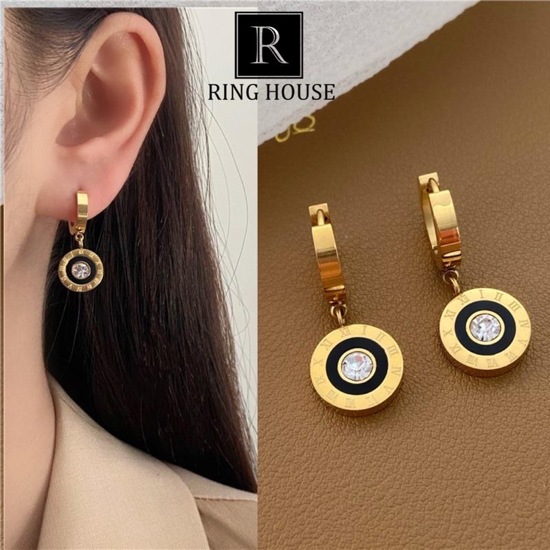 Khuyên tai nữ thả vòng tròn viền đen
