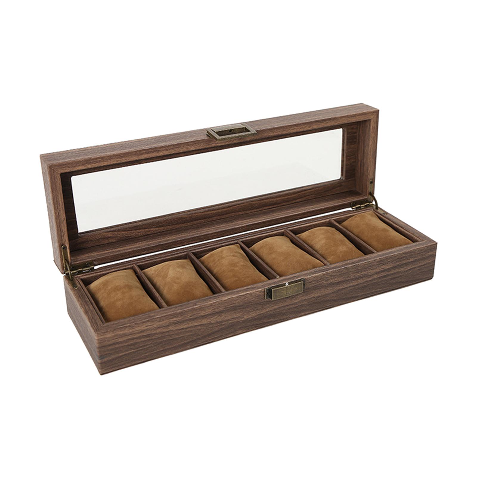 Luxury Wooden Watch Box Men Jewelry Rings Case Organizer Glass Top 6 Grid
