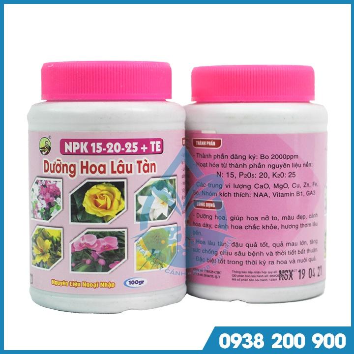 Phân bón vi lượng NPK 15-20-25 + TE chai 100g - Dưỡng hoa lâu tàn - Chuyên dùng cho hoa hồng, hoa lan, hoa kiểng, bonsai