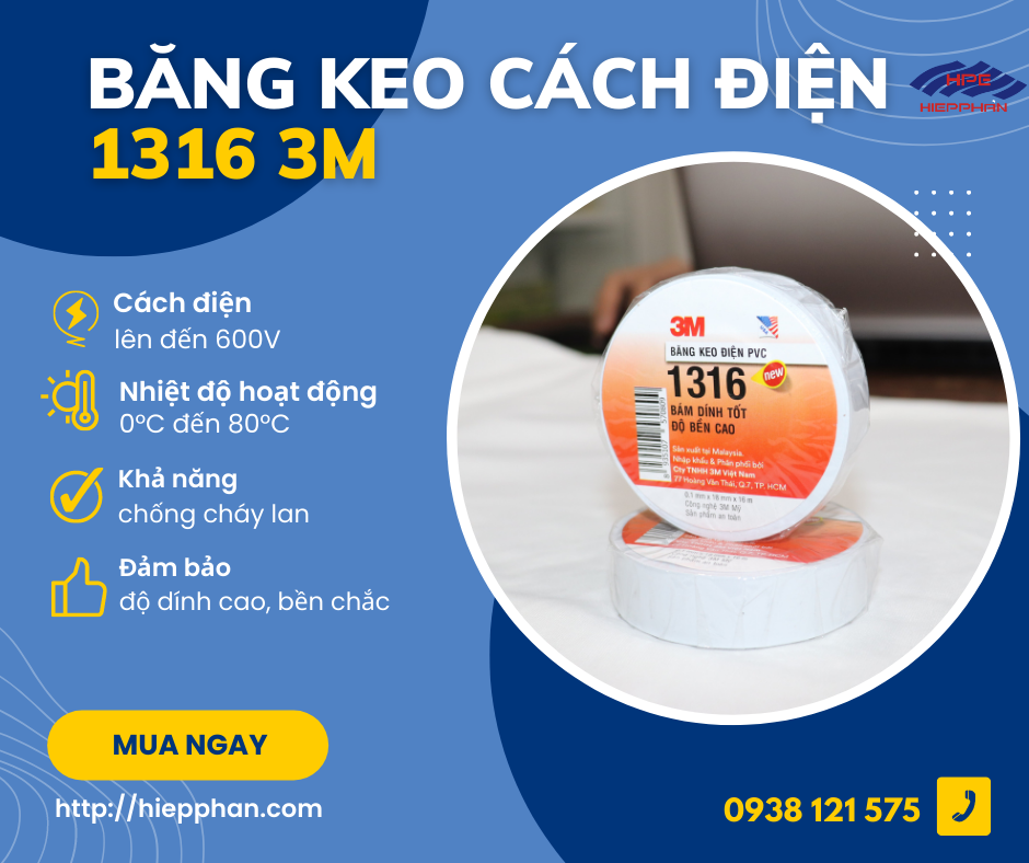 [COMBO 50 CUỘN GIÁ SỐC] Băng keo cách điện PVC 1316 16mx18mm 3M - Trắng