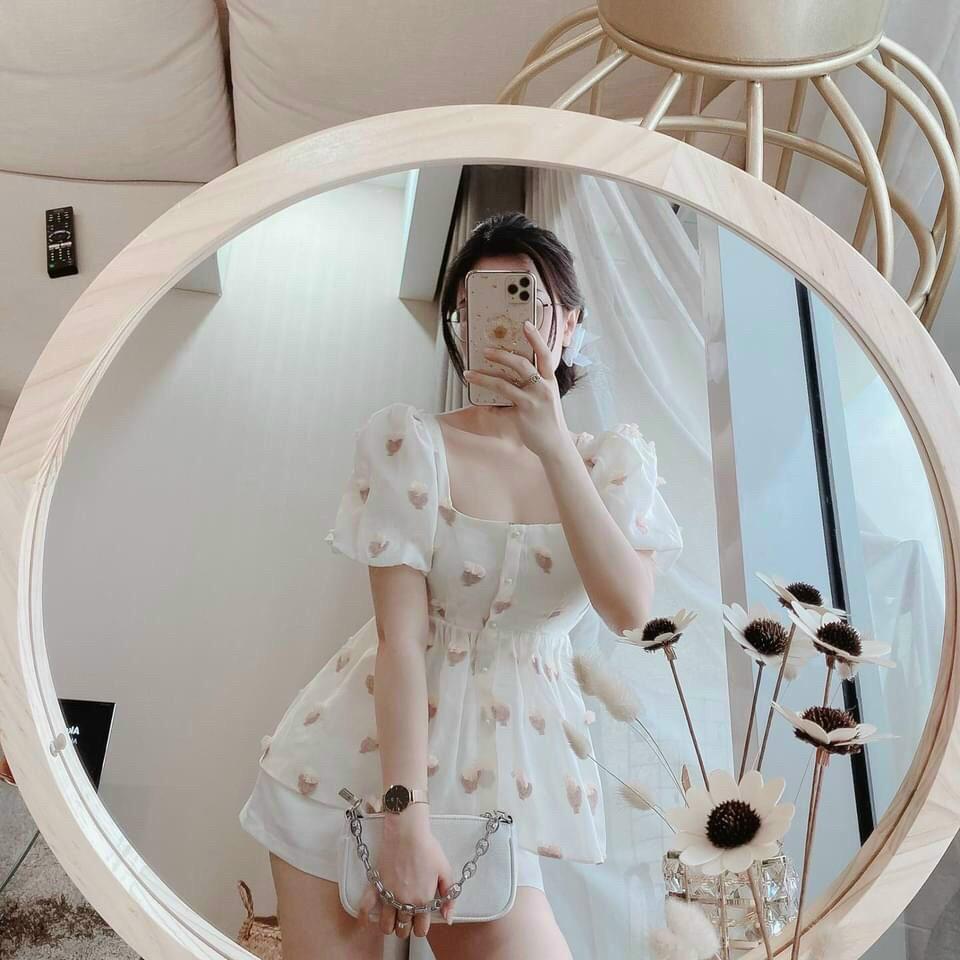 Set bộ đùi đồ nữ áo phối họa tiết cổ vuông tay phồng kèm chân váy