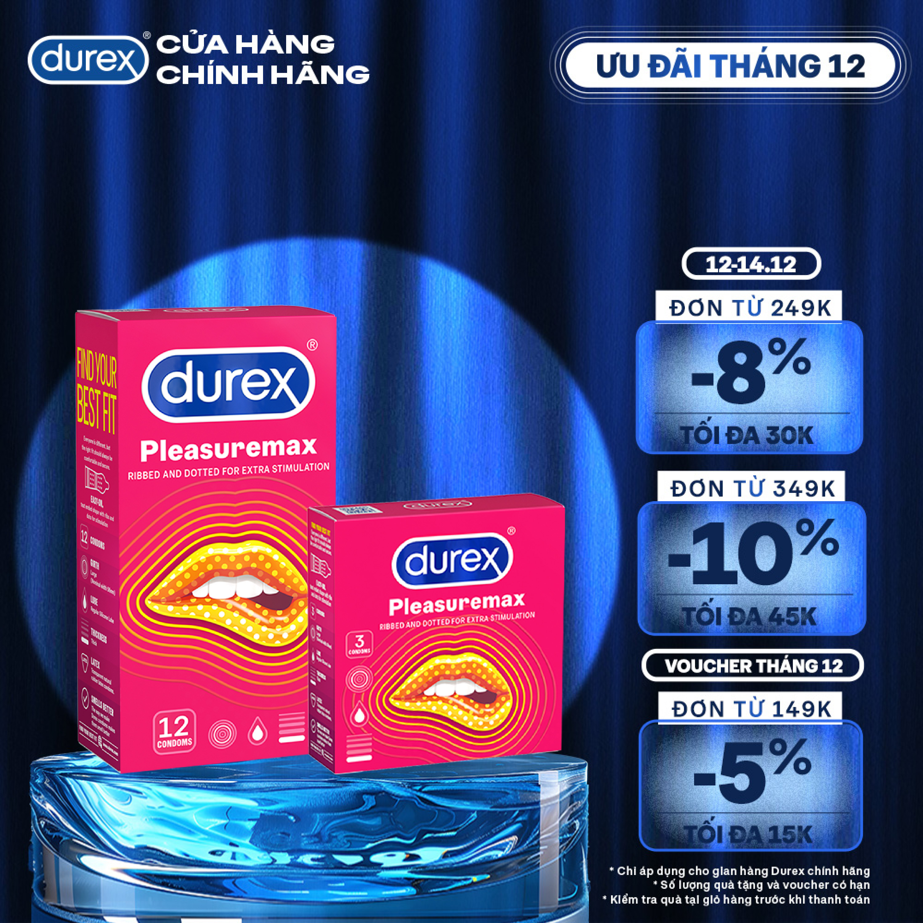 Bộ bao cao su Durex Pleasuremax gân gai, size 56mm, 1 hộp 12 bao và 1 hộp 3 bao