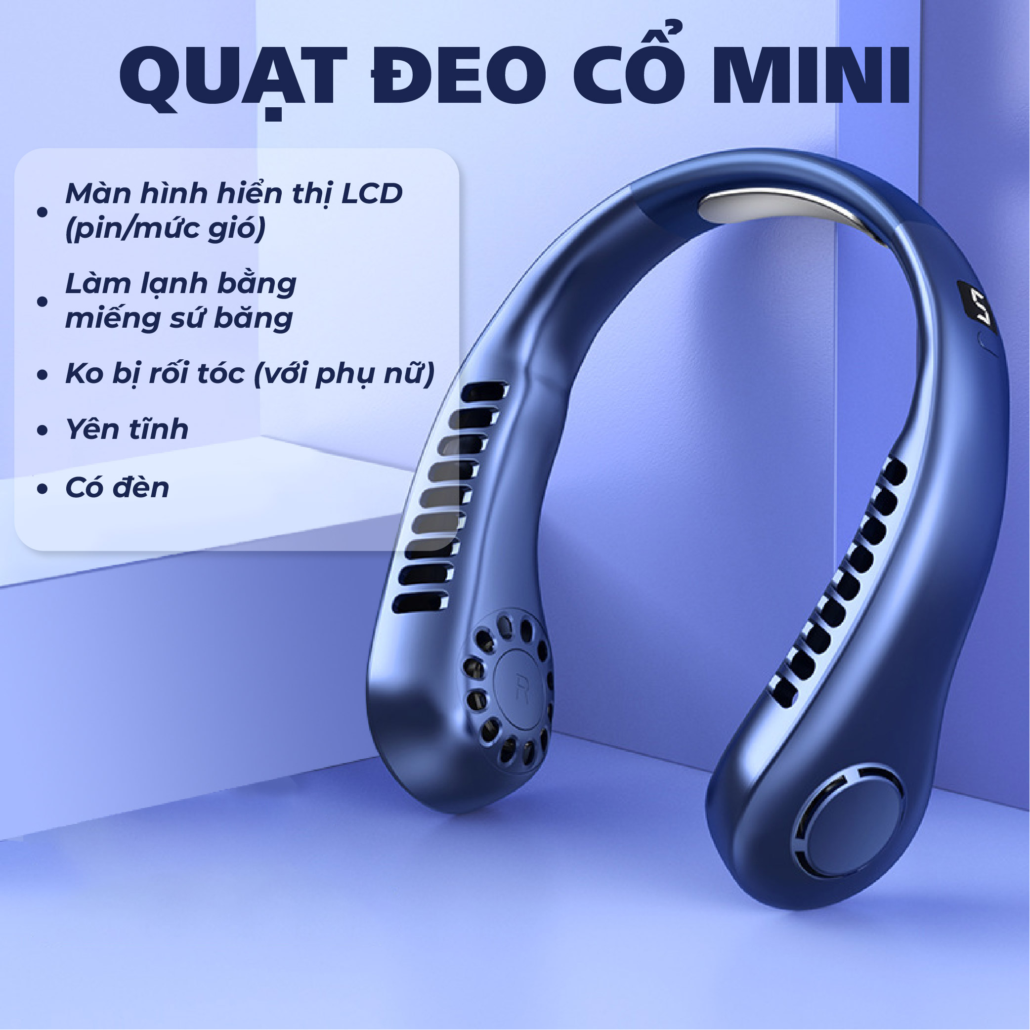 Quạt Làm Mát Đeo Cổ Không Cánh - Có Màn Hình LED - Sạc Cổng USB - Có Đèn