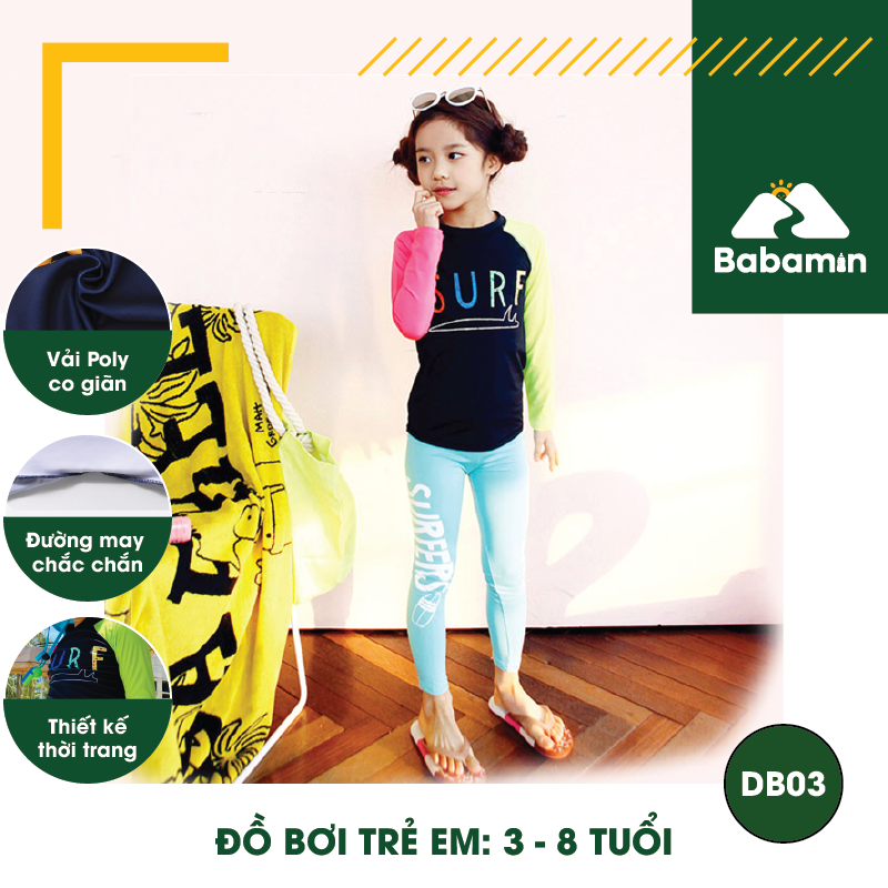 Đồ Bơi Bé Gái Dài Tay 3 - 8 tuổi - Phong Cách Hàn Quốc, Thiết Kế Cực COOL - DB03