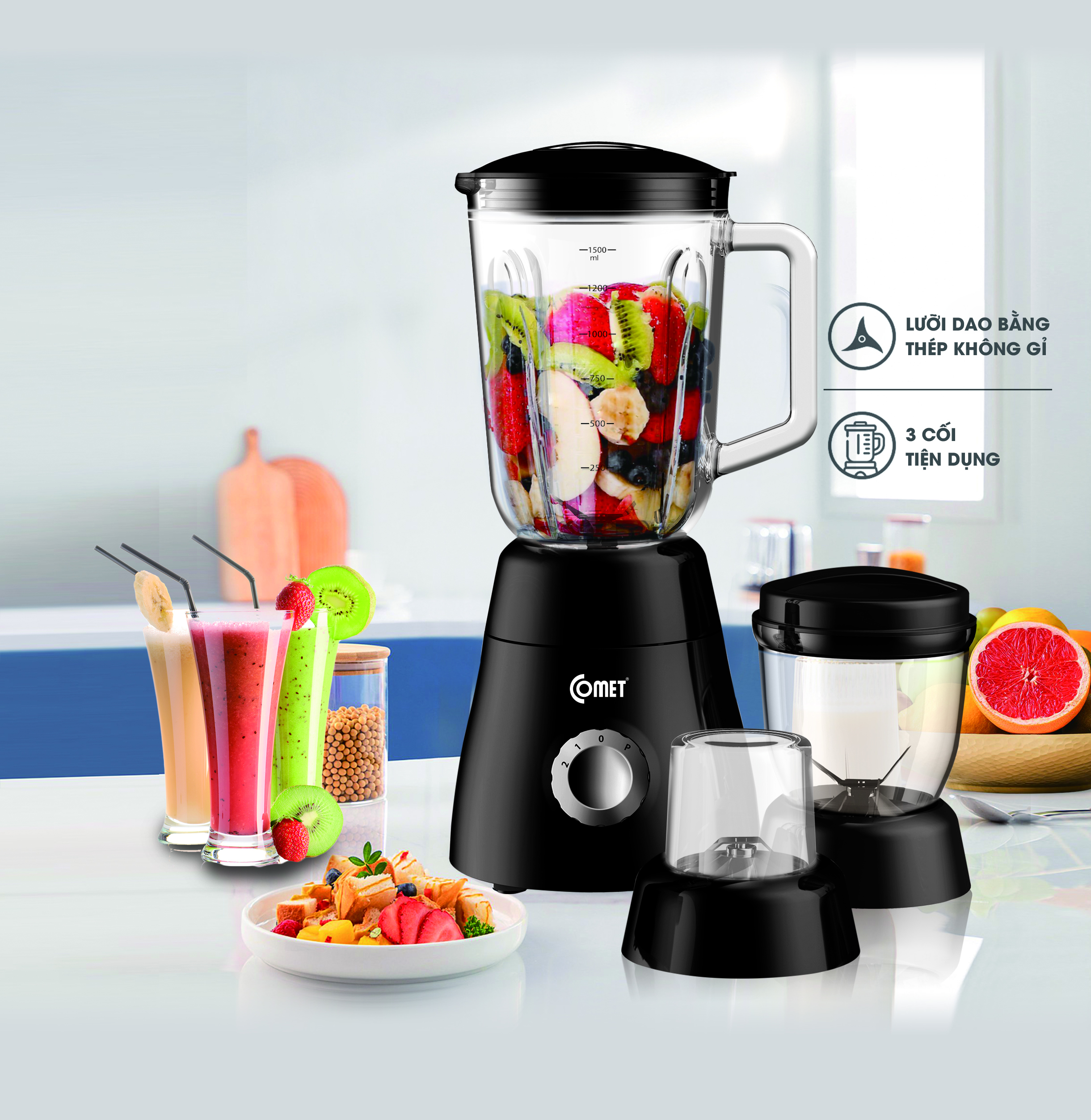 Máy xay sinh tố Comet CM9979 – 3 cối thủy tinh và nhựa cao cấp, công suất 450W – Xay sinh tố, thịt, hạt – Dung tích 1.5L – Hàng chính hãng, bảo hành 1 năm