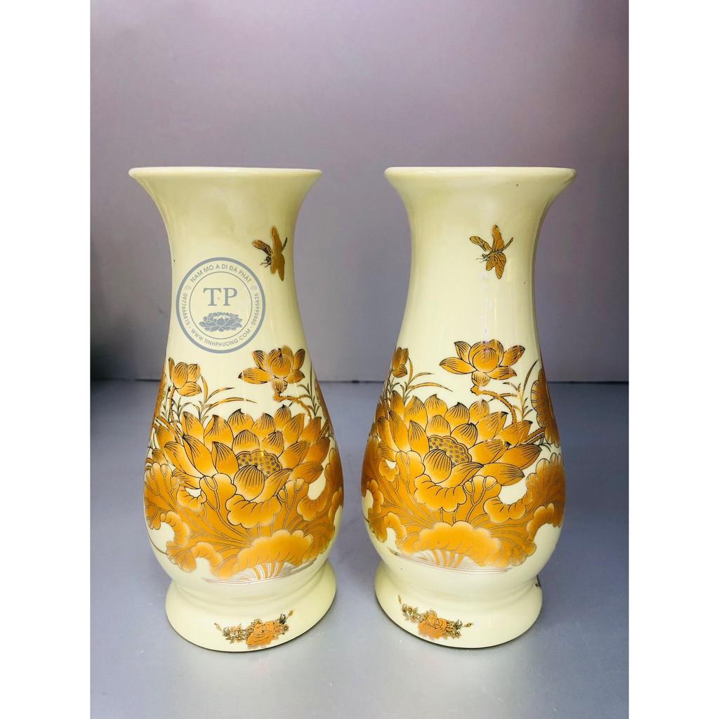ĐÔI LỌ HOA THỜ BẰNG SỨ HOA SEN VÀNG TM121428