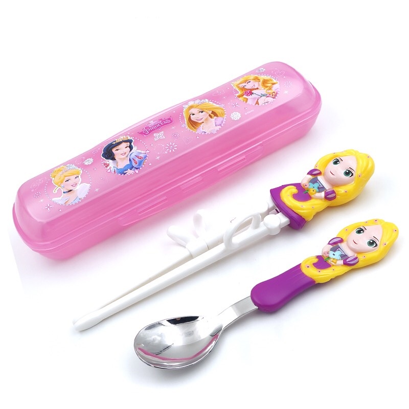 Set 3 món muỗng, đũa tập ăn inox 3D kèm hộp đựng hình công chúa Princess Rapunzel màu hồng cho trẻ em bé gái  - 118VNDP2194