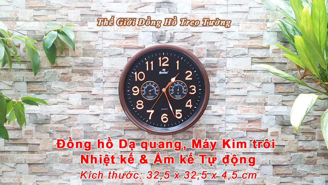 Đồng Hồ Treo Tường Có DẠ QUANG Và NHIỆT ẨM KẾ CƠ (Không Dùng Pin) - Máy EASTAR KIM TRÔI - SỐ NỔI 3D - Tặng Pin Maxell