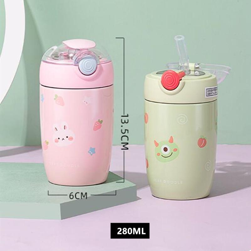 280Ml Hoạt Hình Inox Giữ Nhiệt Cốc Tập Uống Có Ống Hút Di Động Silicon Dây Trẻ Em Nhiệt Nước Con Tumbler Thermocup