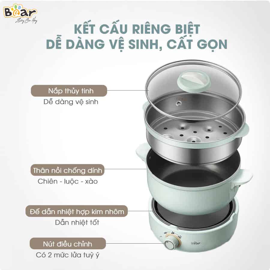 Nồi Điện Đa Năng Bear MC-B25V1 (2.5L) (Kèm Lồng Hấp)- Hàng chính hãng