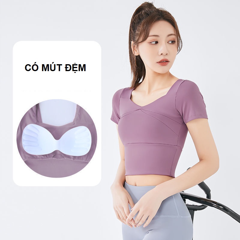 Bộ quần áo tập gym yoga 2 món, áo croptop ngắn tay có mút đệm và quần dài ôm body, tôn dáng