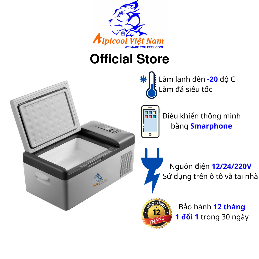 Tủ lạnh ô tô thông minh Alpicool Việt Nam 15 lít - C15 - làm đá nhanh kiêm hộp đựng thực phẩm, kiêm thùng đá cho tài xế, lái xe