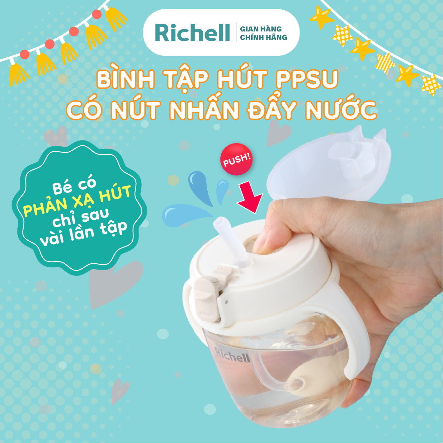 Bình tập hút có nút nhấn đẩy nước RICHELL Nhật chất liệu PPSU 2in1 tập hút & tự hút | Baby