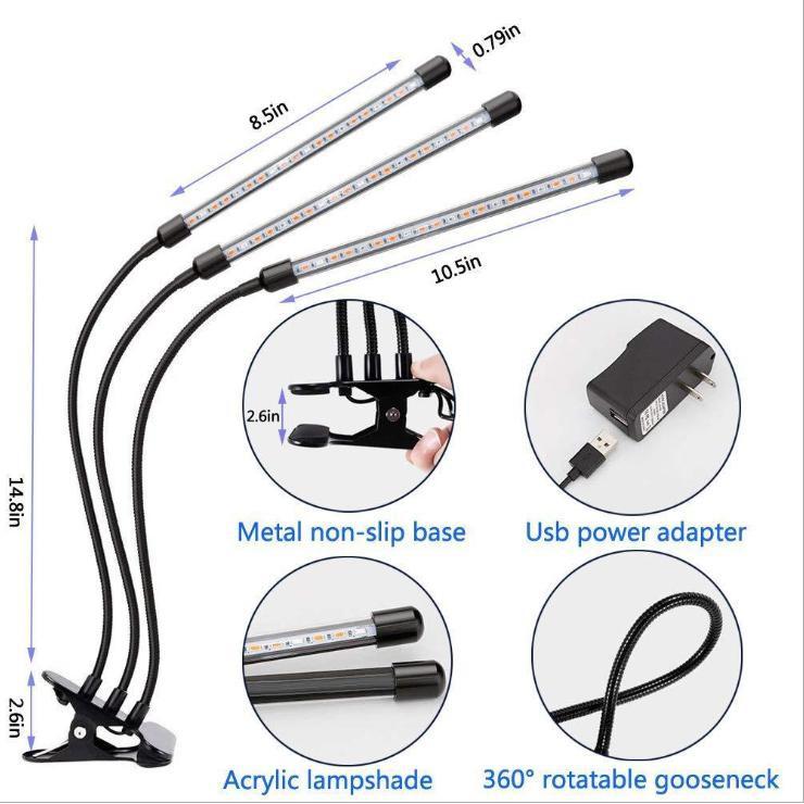 LED trồng cây 30W kẹp chân 3 nhánh hẹn giờ USB - Home and Garden