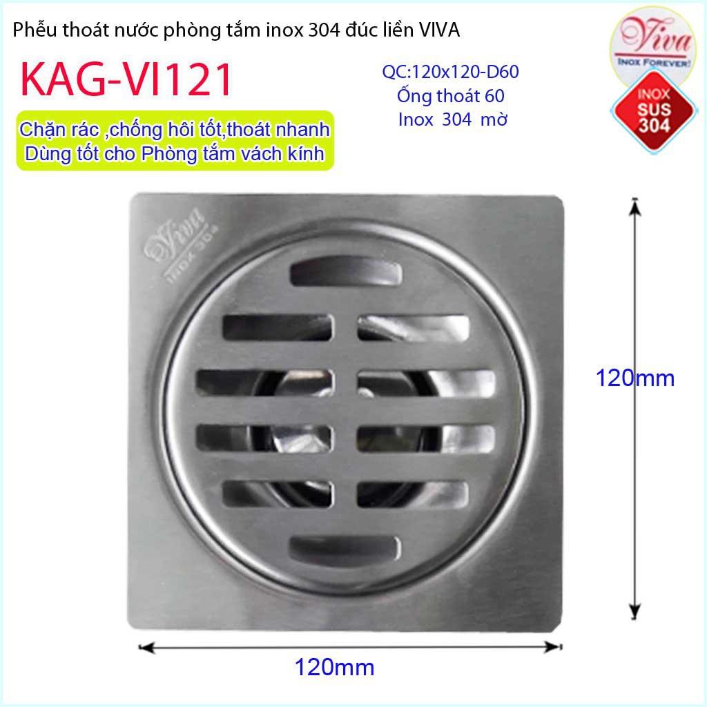 Phễu thoát sàn Viva 12x12 cm KAG-VI121 ống thoát 60mm chống mùi hôi inox 304, thoát sàn inox đúc dày thoát nước nhanh ch