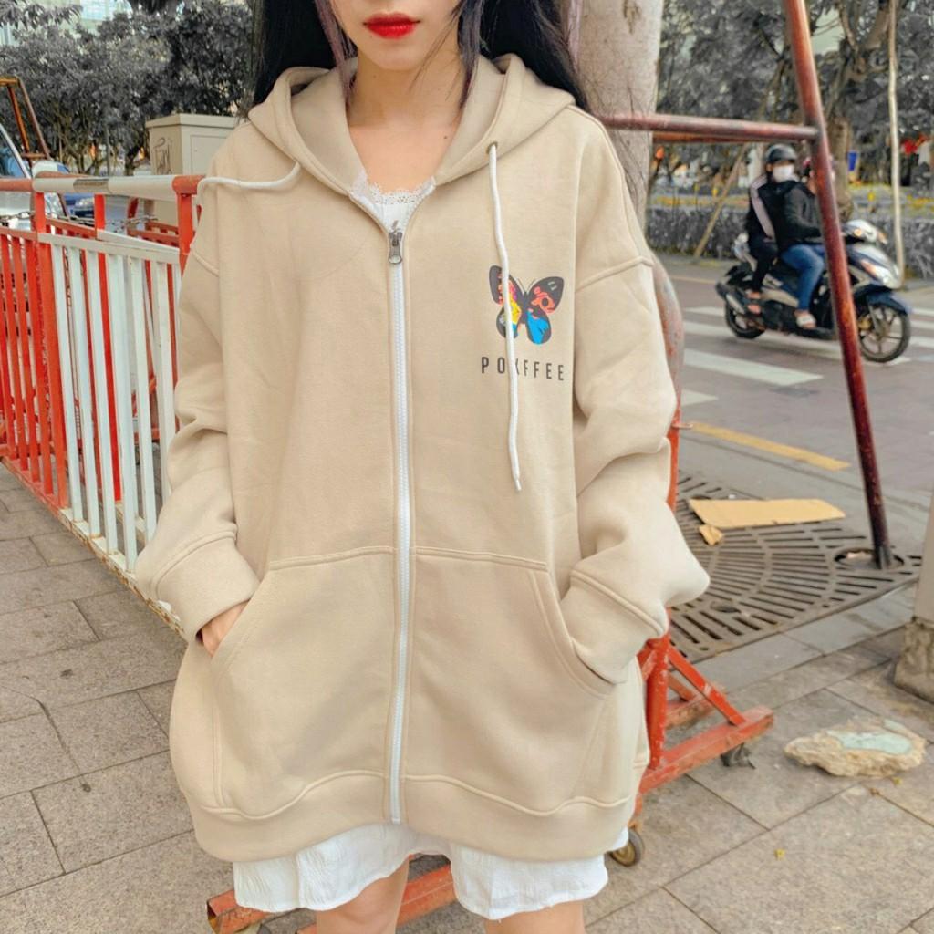 Áo hoodie bướm Poxffee unisex form rộng có dây kéo chất nỉ bông chống nắng tốt SmileZ