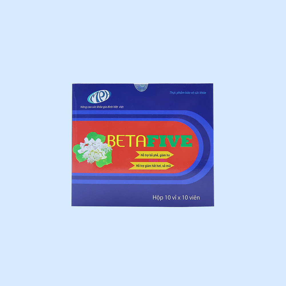 Viên uống cảm cúm Betafive - giúp bổ phế, làm giảm các triệu chứng do hắt hơi, sổ mũi, ho, đau rát họng do cảm. Hộp 100 viên. SP Chính hãng, được Sở Y Tế cấp phép