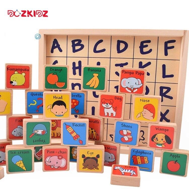 Đồ chơi gỗ thông minh, bảng gỗ xếp 26 chữ cái Tiếng Anh kèm từ vựng cho bé - DOZKIDZ