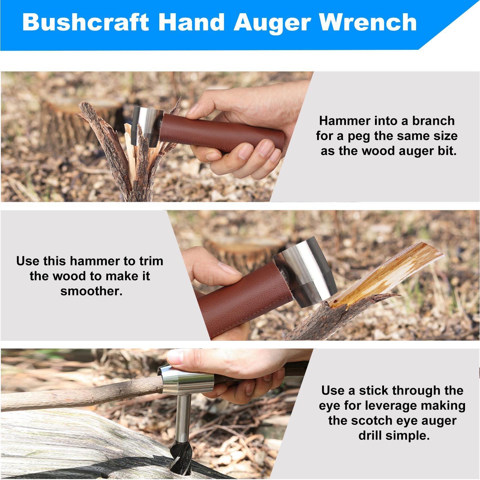 2 Piece Wood Auger Drill Bit Hand Auger Wrench with Carabiner for Bushcraft Backpack, Camping, Wood Peg, Woodworking, Emergency Tool