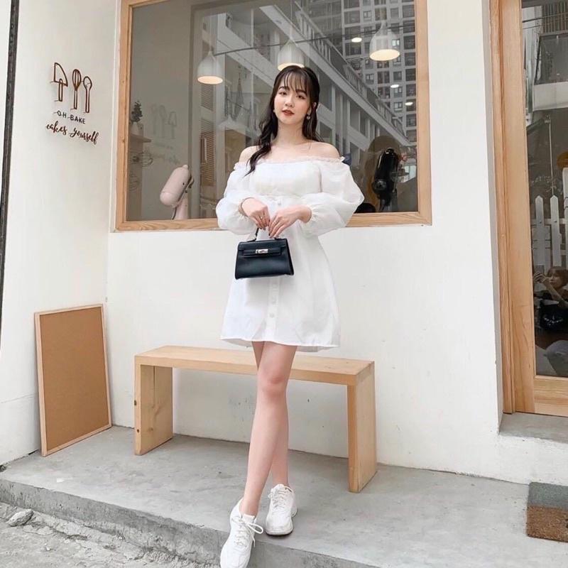 Đầm trắng trễ vai nút bọc
