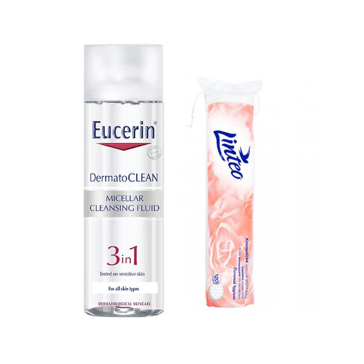 Nước tẩy trang dành cho da nhạy cảm Eucerin DermatoClean Micellar Cleansing Fluid 3 in 1 200ml + Tặng Bông tẩy trang 80 miếng