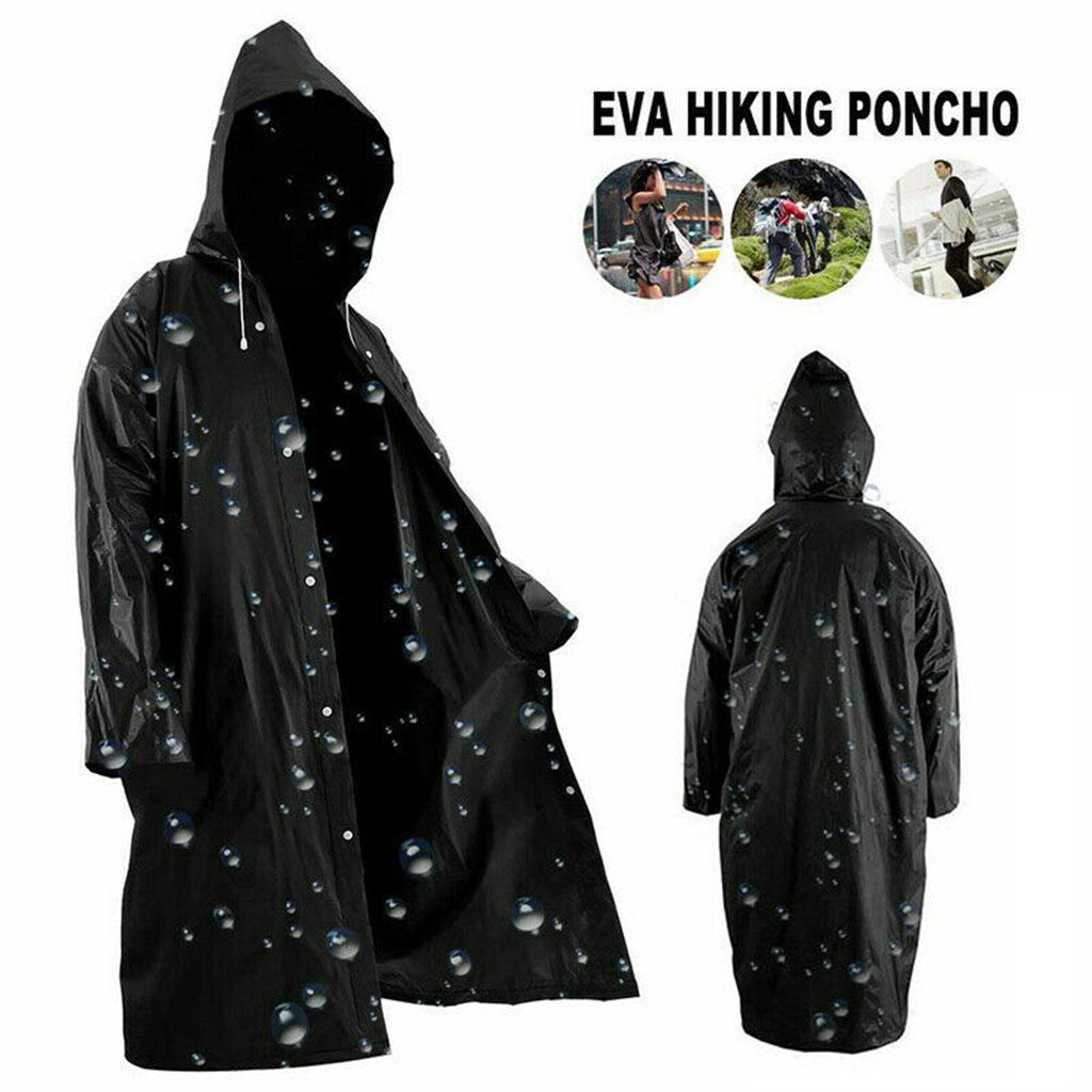Women Men Fashion Solid Black Rain Poncho Long Sleeve Hooded Raincoat Jacket