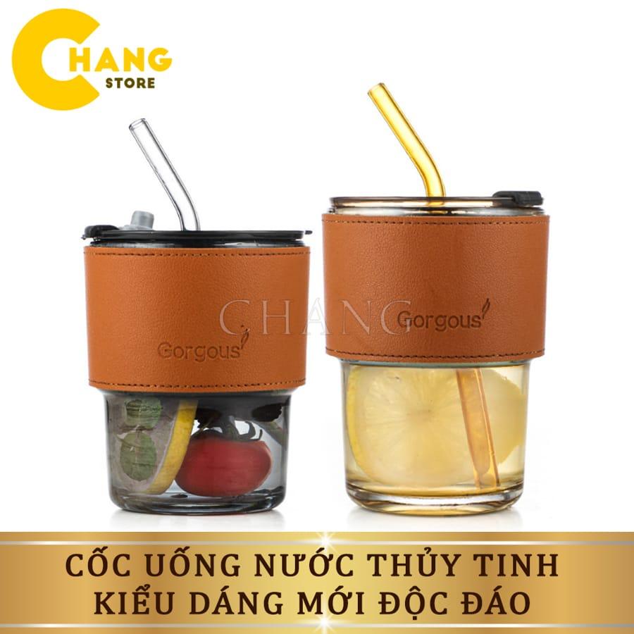 Cốc Uống Nước Có Ống Hút, Ly Thuỷ Tinh Vỏ Da Có Nắp Và Ống Hút Dung Tích 420ML Và 450Ml Chịu Nhiệt -10 độ C đến 110 độ C