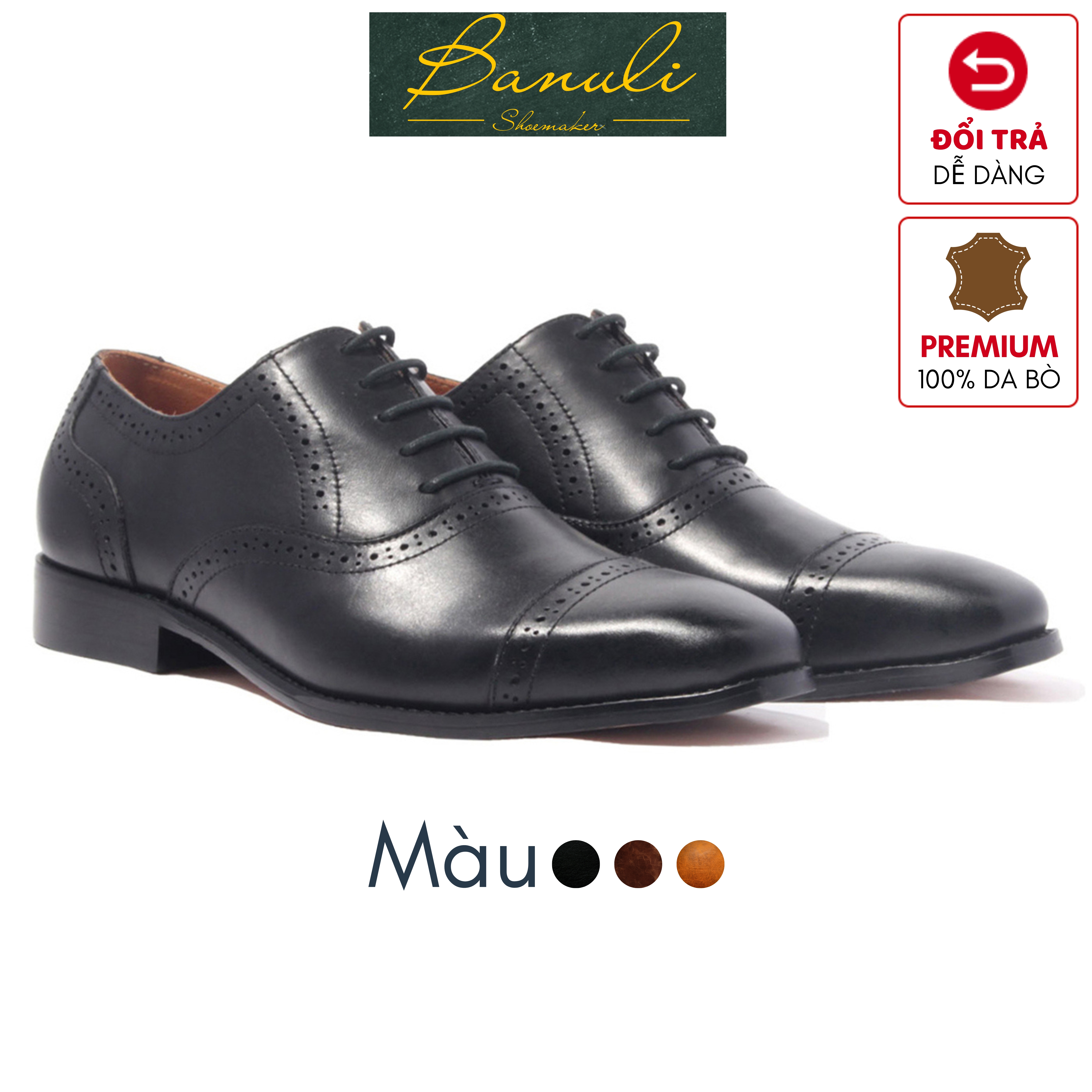 Giày Tây Oxford Banuli Nam Công Sở Da Bê Italian Dây Buộc H1CO1M1 (Da Mềm Dẻo, Đế Siêu nhẹ, Bảo Hành Trọn Đời)