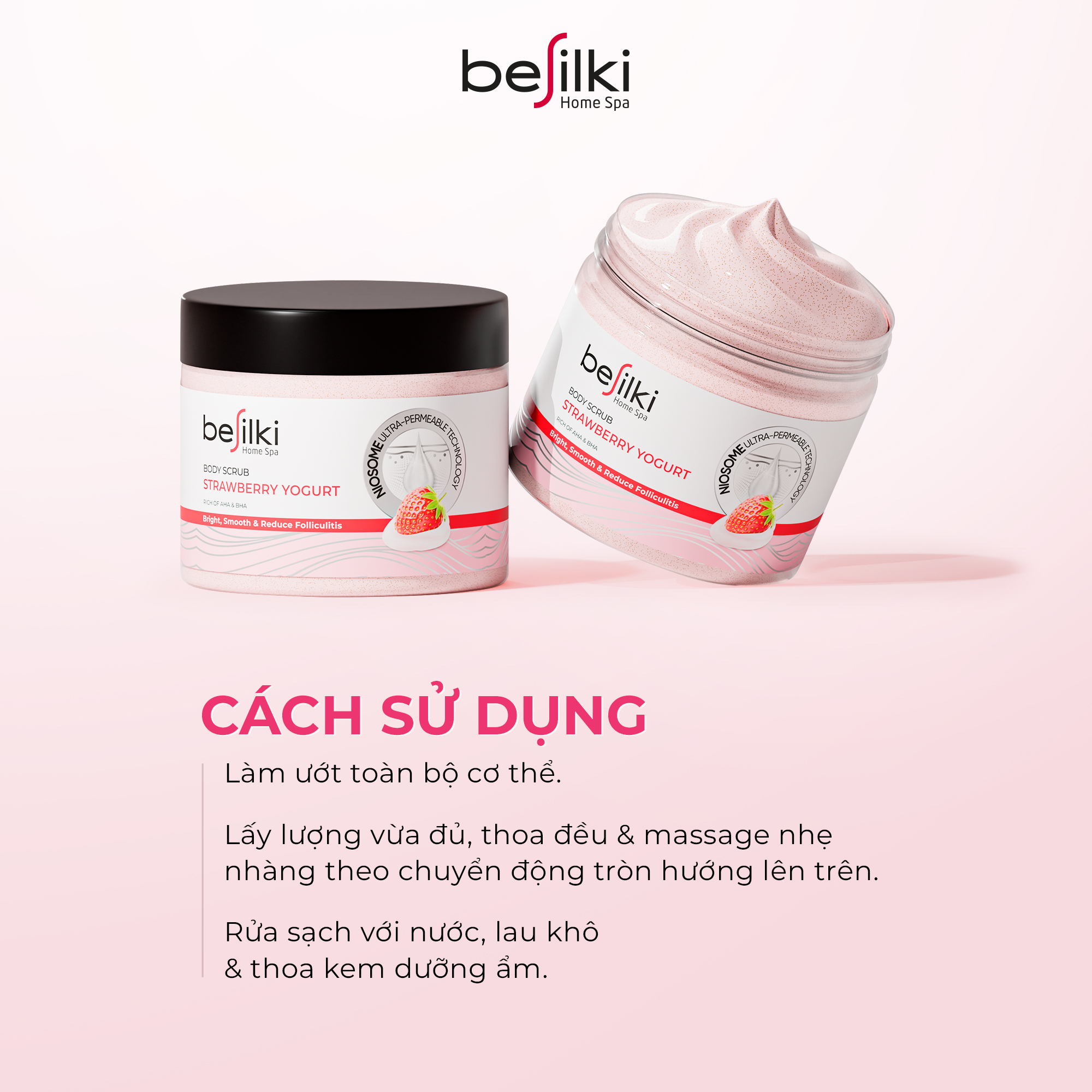 Tẩy da chết Body Sữa Chua Dâu Tây AHA BHA BESILKI 3in1 sáng mịn, ngừa mụn 170ml, 280ml