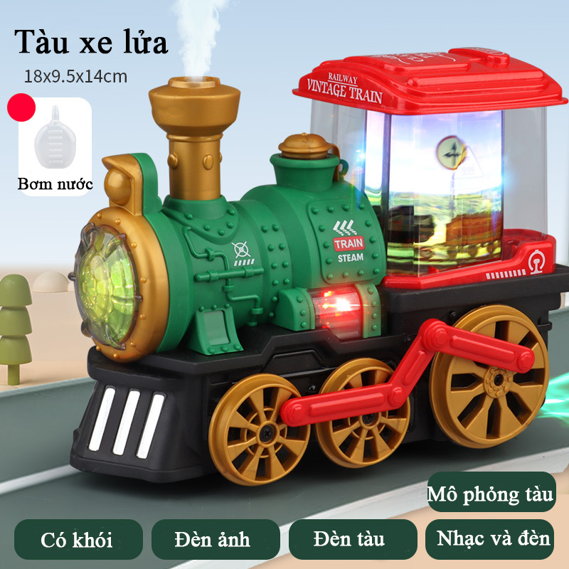 Đồ chơi xe lửa cổ điển phun được khói có nhạc và đèn tự chạy kèm đèn ảnh