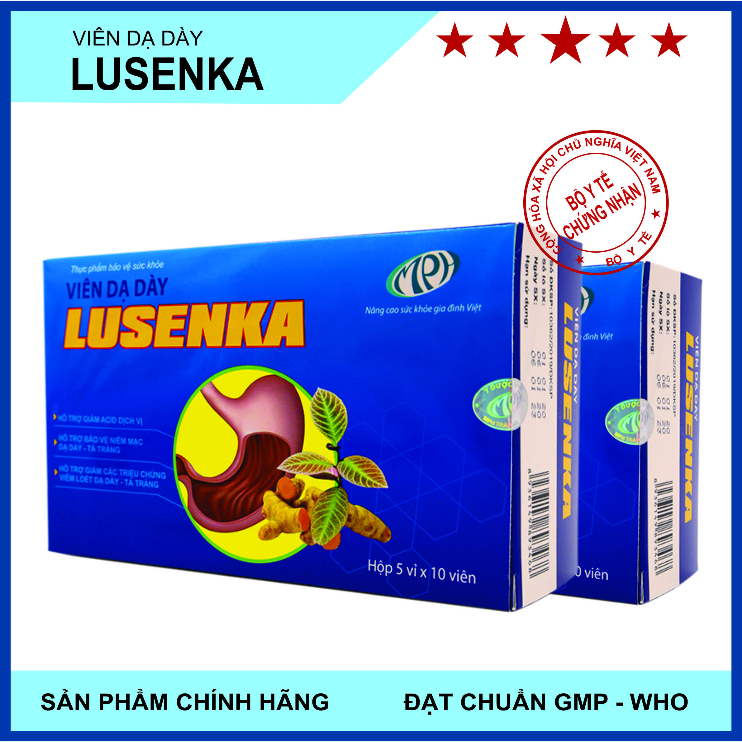 Combo 2 hộp viên dạ dày LUSENKA - giảm ngay đau dạ dày, giảm acid dịch vị, ợ chua, nóng rát, đau thượng vị, trào ngược dạ dày, làm lành vết loét dạ dày. SP chính hãng được Bộ Y Tế chứng nhận. 5 vỉ x 10 viên x 2 hộp