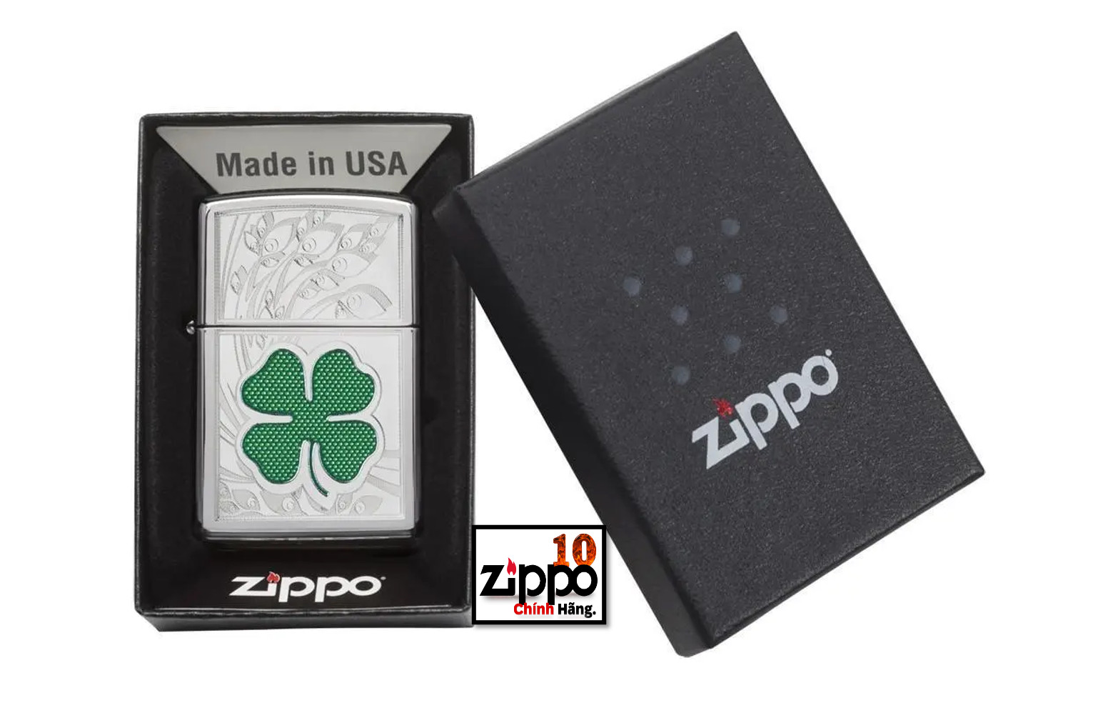 Bật lửa ZIPPO 24699 Clover High Polish Chrome Design - Chính hãng 100%