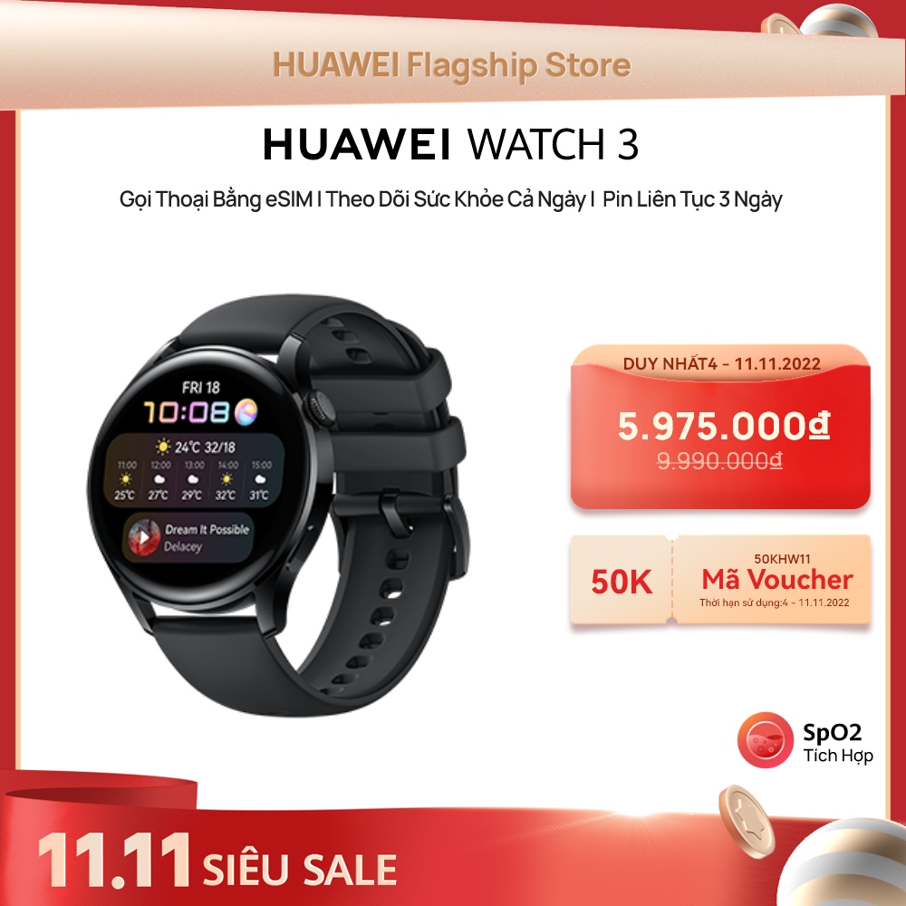 Đồng Hồ Thông Minh HUAWEI WATCH 3 | Gọi Thoại Bằng eSIM | Theo Dõi Sức Khỏe Cả Ngày | Pin Liên Tục 3 Ngày | Hàng Chính Hãng