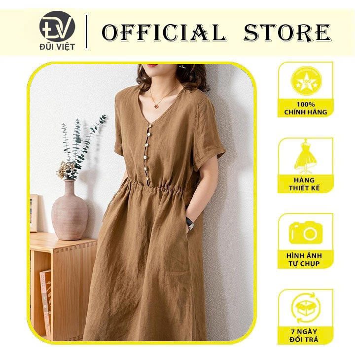 Váy sơ mi cổ V dáng suông dài basic kiểu Hàn Quốc, Đầm linen hè nữ thời trang Đũi Việt DV173