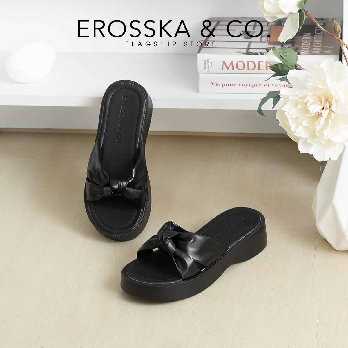 Erosska - Dép nữ thời trang đế xuồng quai thắt nơ tiểu thư cao 4cm - SB011