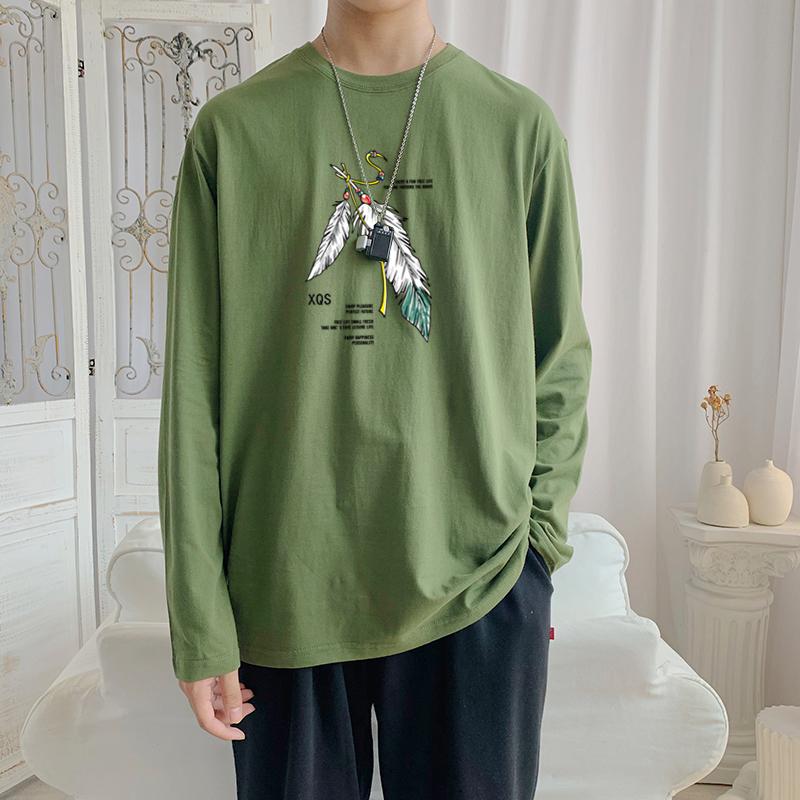 Áo thun cotton tay dài in hình lông vũ 4 màu phong cách năng động  cho nam