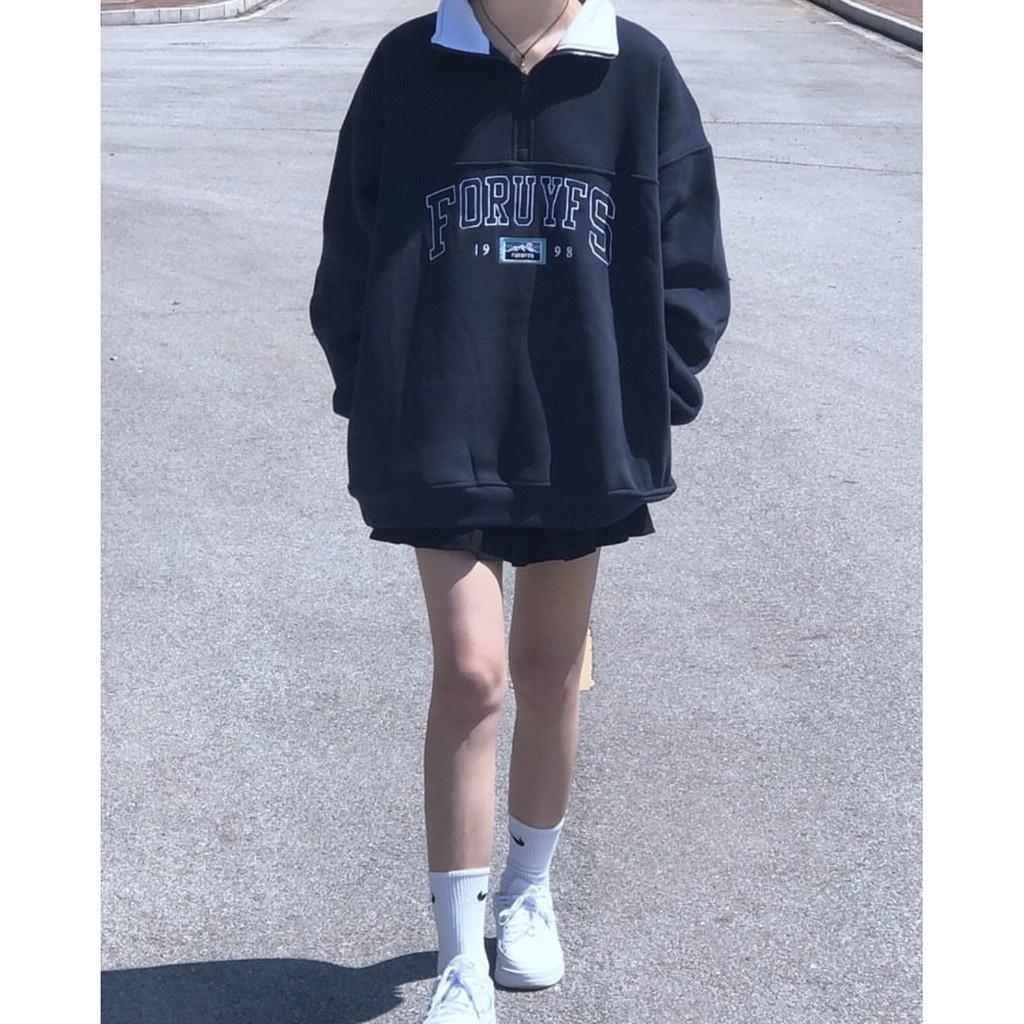 Áo Sweater Oversize Tay Bồng Foruyfs Nữ  Nana's House - FREESHIP  Hoodie suông trơn dáng thụng, họa tiết chữ nổi bật