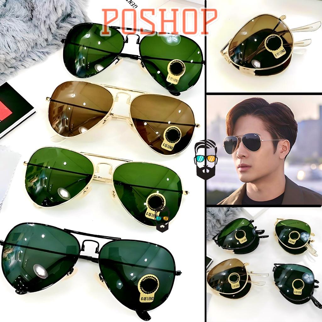 Mắt kính râm nam nữ POSHOP gọng kim loại gấp gọn kiểu phi công cổ điển tròng thuỷ tinh cường lực chống uv400 R3479