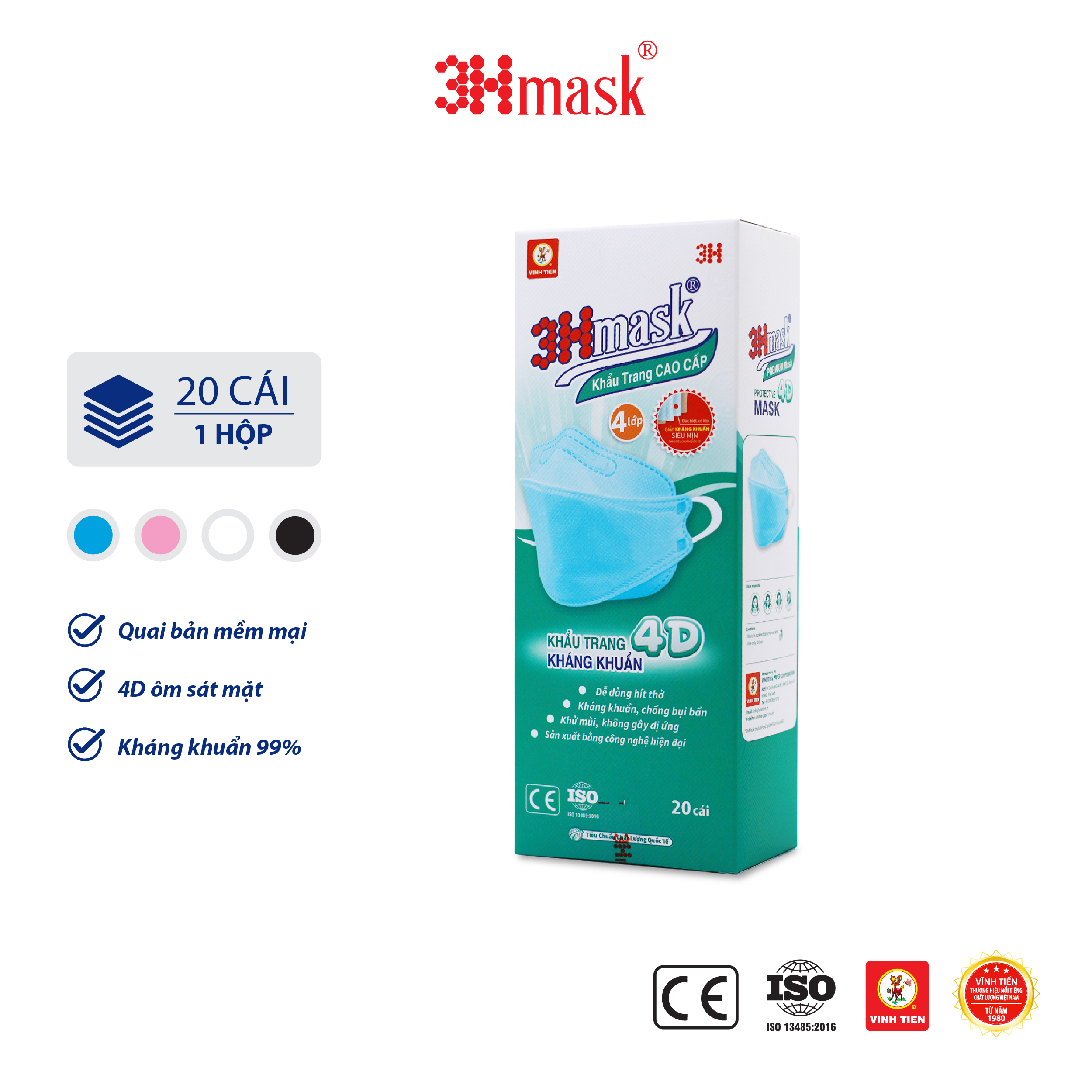 [Thùng 25 hộp] Khẩu Trang 3Hmask 4D Quai Bản (20 cái x 25 hộp