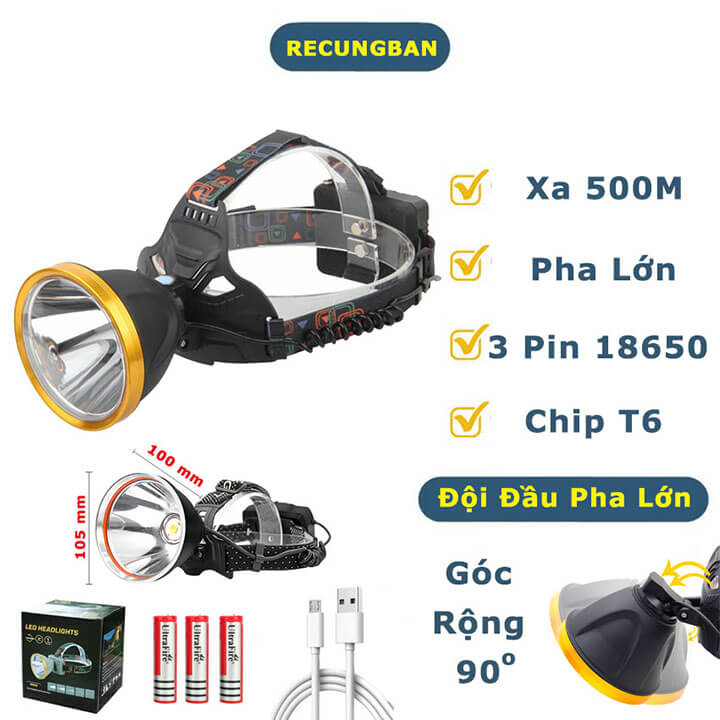 Đèn pin đội đầu 1 bóng siêu sáng chiếu xa 500m, chống thấm nước, 3 chế độ sáng, đèn pin đeo trán chip T6