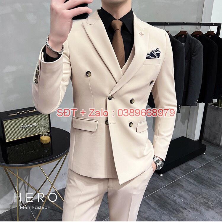 Bộ Vest Nam Cao Cấp Hàn Quốc 6 Khuy Màu Be, Bộ Suit Nam Chất Vải Sịn màu Kem